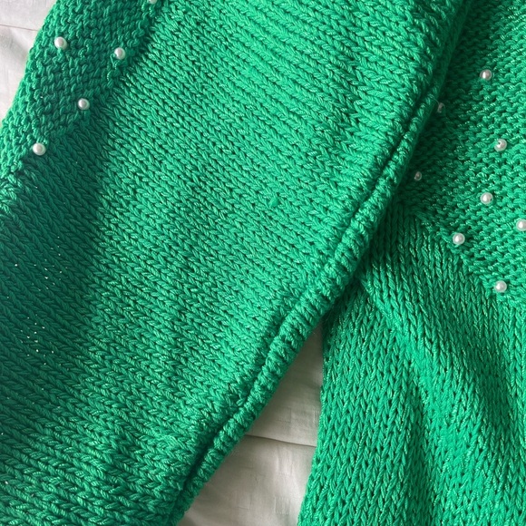 Vintage 80s Hand Knit Green Pearl Embellished Elegant Twinset S/M - Picture 7 of 16